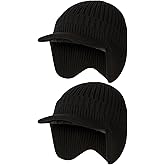 Simlakey 2 Pcs Winter Hats with Brim and Ear Flap Fleece Winter Beanie Hat Outdoor Warm Lined Knit Hat for Men Women