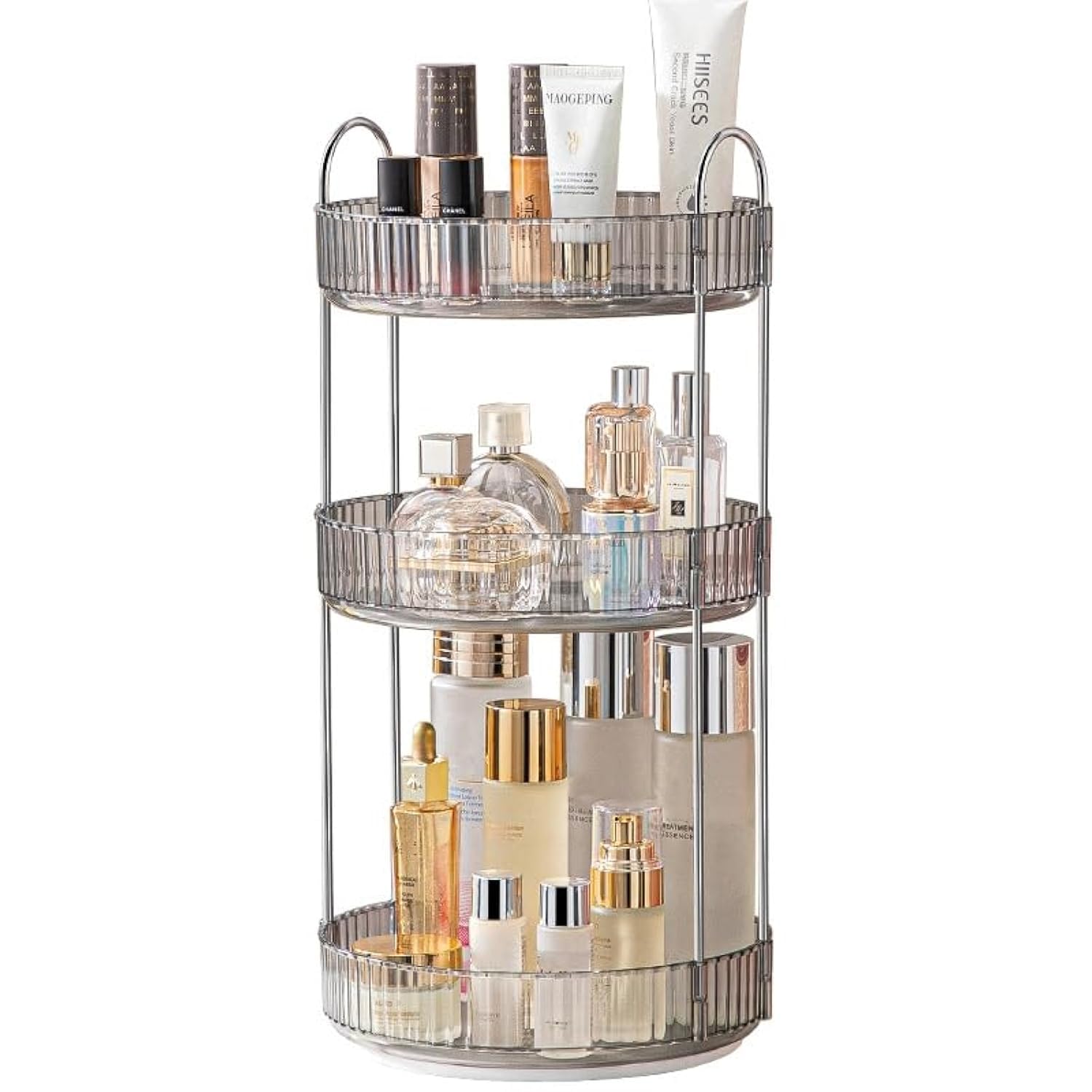 Makeup Organiser for Vanity, 360° Rotating Bathroom Organiser Countertop, High-Capacity Skincare Organiser, Spinning Cosmetics Organiser for Vanity Dresser Bathroom (3 Tiers, Grey)