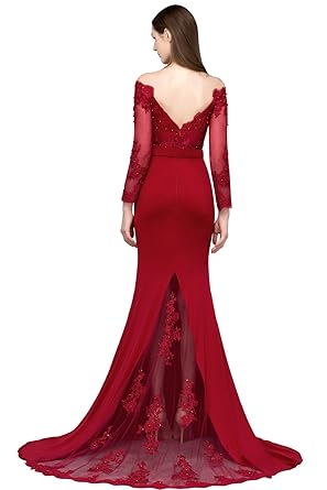 MisShow Damen Elegant Schulterfrei Perlstickerei Abendkleid Etui Meerjungfrauenkleid Ballkleider Rückfrei Bodenlang mit Fisht