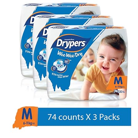 Drypers Wee Wee Dry Medium Sized Diapers, Combo Pack of 3, 74 Counts Each (222 Counts)(Taped Diaper)