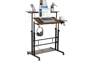 SIDUCAL Mobile Stand Up Desk, Adjustable Laptop Desk with Wheels, Storage Desk Home Office Workstation with USB Ports and Outlets, Rolling Table Laptop Cart for Standing or Sitting, Rustic Brown