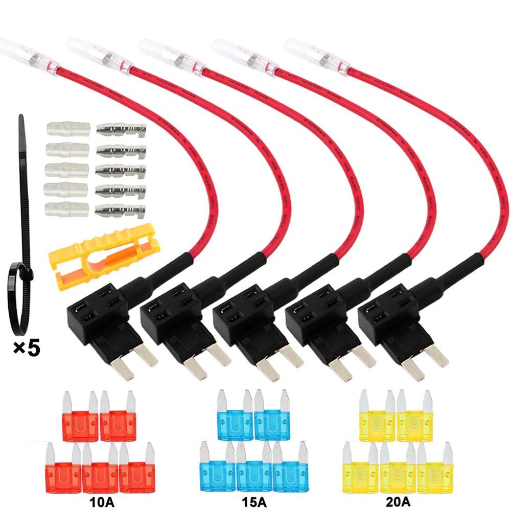 QitinDasen 5Pcs Premium ACS Small Add-A-Circuit Fuse Tap, Piggy Back Blade Fuse Holder Kit with Wire Harness, Free 15Pcs Mini Blade Fuses, 1Pcs Fuse Puller, 5Pcs Wire Ties (12V / 24V)