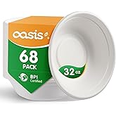 OasisSN 32 oz 68-Pack Large Compostable Paper Bowls, Disposable Meal Prep & Takeout Bowls, Heavy-Duty Bagasse Bowls for Ramen, Salad & Large Portions, Microwave & Freezer Safe, Eco-Friendly (White)