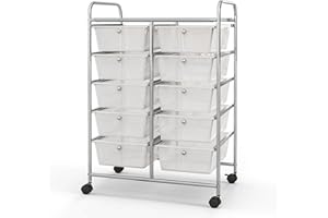 CLEEMAN 10-Drawer Rolling Cart with Drawers, Storage Cart with Universal Wheel & Metal Frame, Multipurpose Mobile Trolley Utility Cart for Makeup Kitchen Office Play Room (Clear)