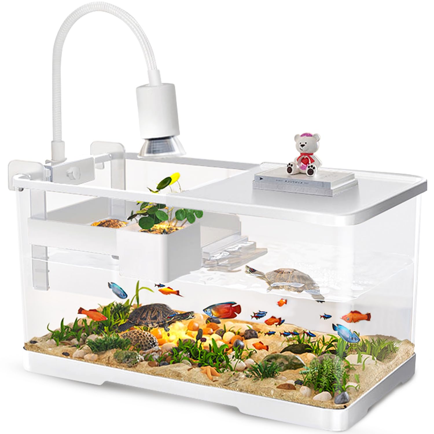 Photo 1 of (Tank + Light + Filter + Filter Balls) Turtle Tank Kit, Turtle Tank Starter Kit,Bottom Drainage, Multi-Function Areas for Turtles, Crabs,Fishes, Amphibians,Reptiles. (21.65 × 12.28 × 12.28 Inch)