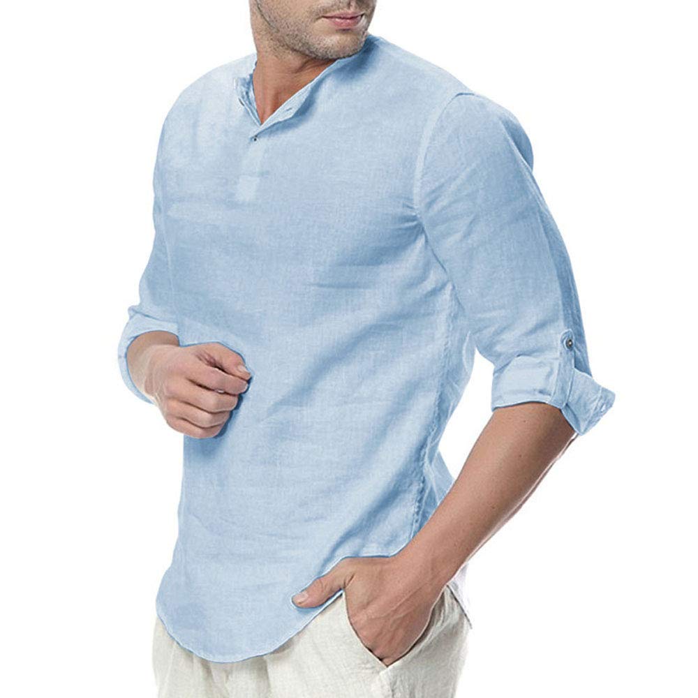 WULFUL Mens Cotton Linen Henley Shirt 