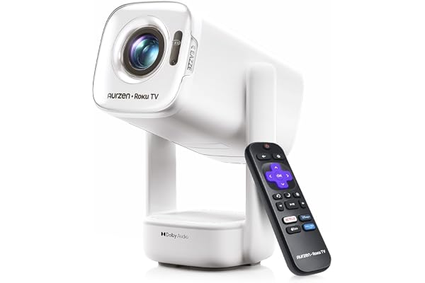 Aurzen Roku TV D1R air USB-C Powered Smart Portable Outdoor Projector White | Roku TV Built-in, WiFi & Bluetooth, Power Bank Supported, Native 1080P, DoIby Audio, Mini Projector for Home & Outdoor Movies