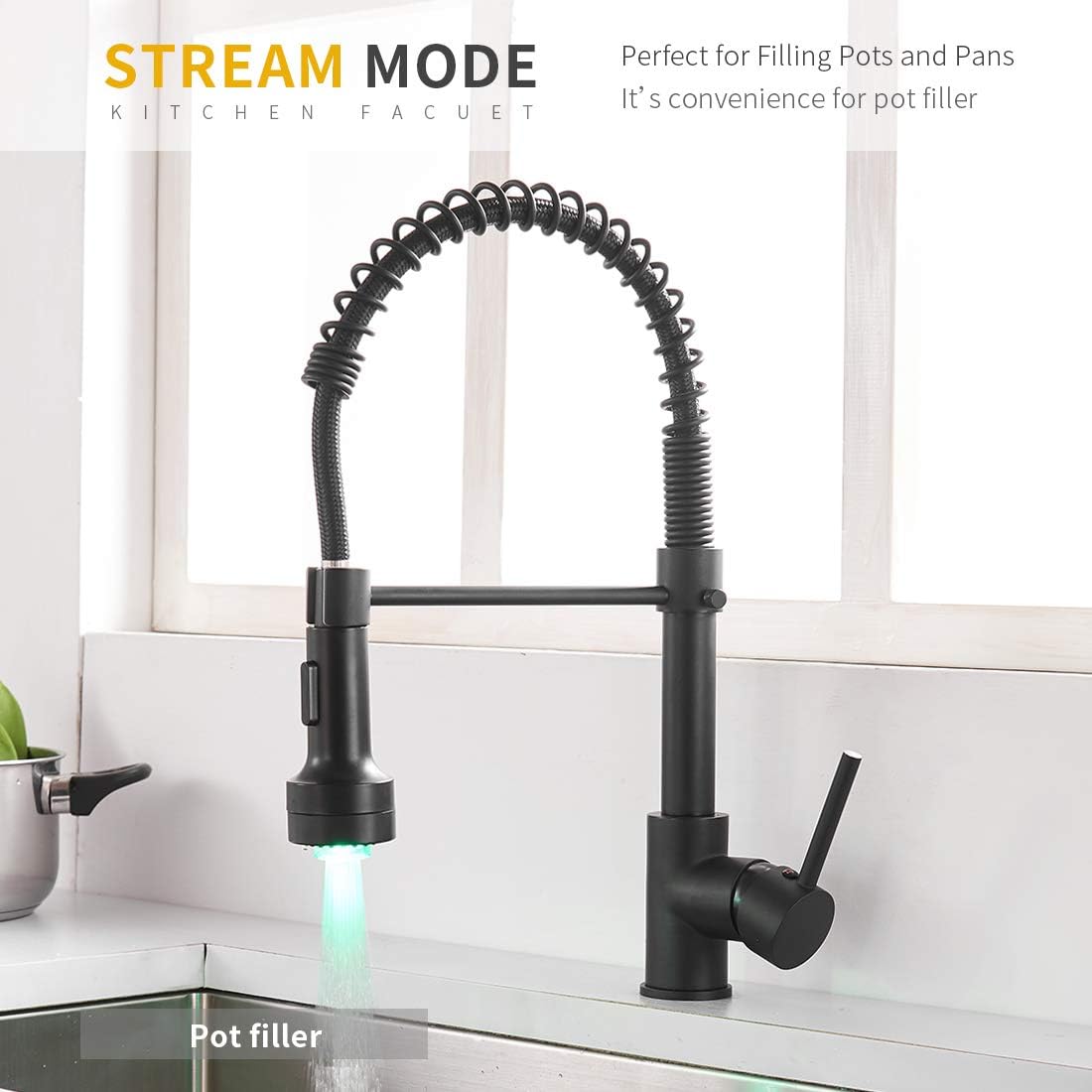Modern Kitchen Faucet Pull Down Sprayer, Stainless Steel Single Handle Kitchen Sink Faucet with LED Light, Brushed Nickel - - 