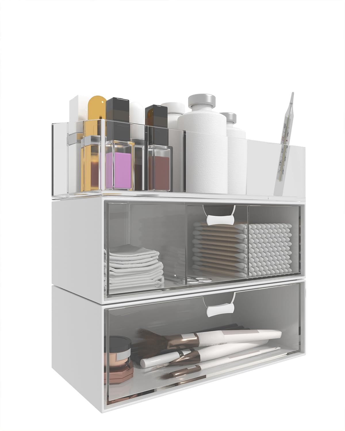 Photo 1 of 3 Pack Organizer for Medicine Cabinet (Cabinet's Deep?4"), Stackable Storage Desk Makeup Organizer for Cosmetic, Nail Polish, Lipstick, Brushes, Jewelry, Bathroom Organization Boxes, White+Transparent