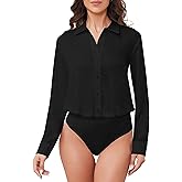 POLIRO Women's Button Down Long Sleeve Bodysuit Blouse Satin Office Work Shirts One-piece Body Suit Tops Business Casual