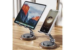 Dual Folding Phone Desk Stand, Adjustable Cell Phone Stand Accessories, 360°Rotating Phone Holder for Desk, with Wooden Disc 