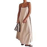 Womens Summer Linen Maxi Dress Contrast Trim Spaghetti Straps Backless Sleeveless Long Flowy Dresses