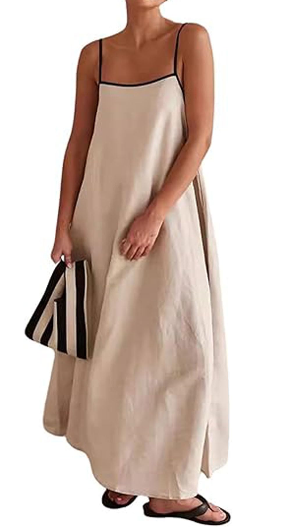 Blue Striped Ruffle Trim Short Sleeve Backless Linen Maxi Dress