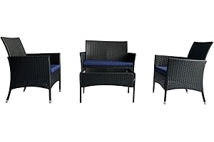 Ophelian 4 Piece Wicker Patio Furniture Set, Patio Set with Comfortable Cushion,Garden Pool Backyard Patio, Coffee/Blue