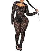 Ryehack Women's Sexy Lace Jumpsuit Halter Backless See Through Bodysuit Top Flare Pants Set 2 Piece Set Club Outfits