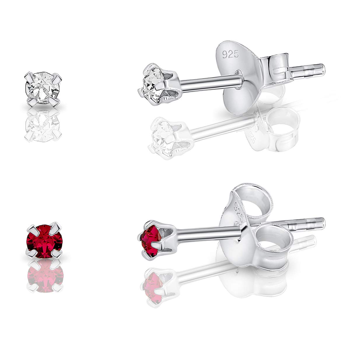 DTPSilver - Set of 2 PAIRS of 925 Sterling Silver Round TINY Stud Earrings made with Glittering Crystals from Swarovski® Elements - Diameter: 2 mm - Colour : Ruby