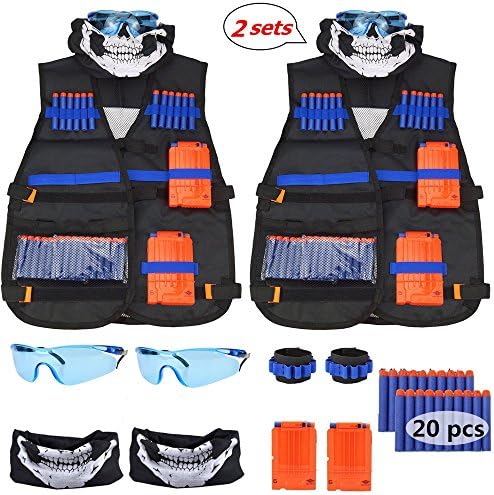2 Sets Tactical Vest Kit for Nerf Guns N-Strike Elite Series, 2 Vest/ 2 Protective Glass/ 2 Tactical Mask/ 2 Wrist Band/ 2 Quick Reload Clip/ 20 Soft Bullet
