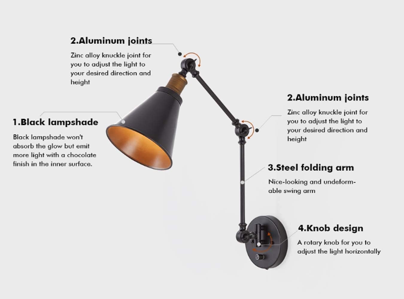 Wandleuchte Mit Schalter Stecker Verstellbare Industrie Vintage Lampe Buro Wohnzimmer Schlafzimmer Schwarz E27 Max 60w 2 Stuck Beleuchtung Wandbeleuchtung Suenaacampo Com 