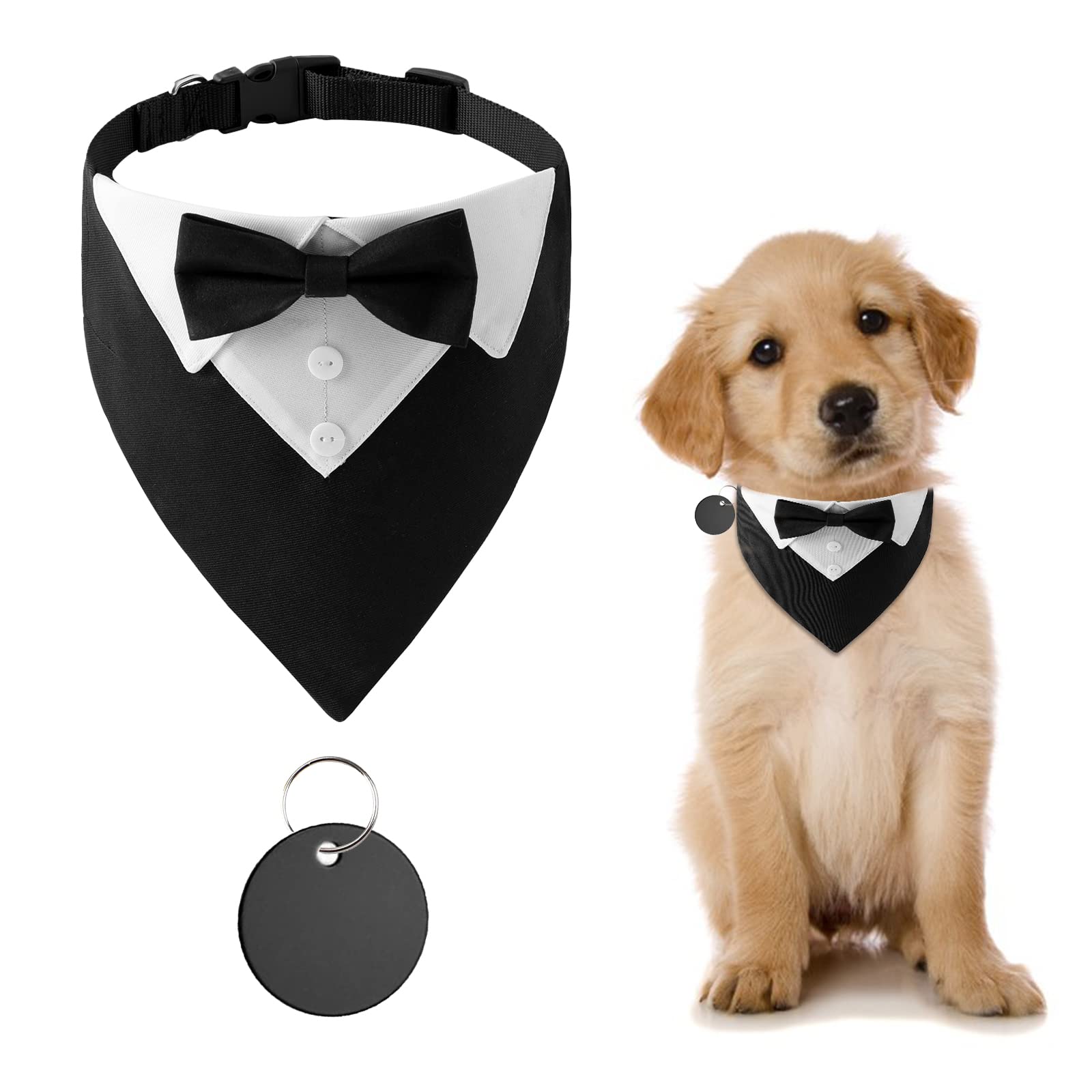 URROMA 1 Piece Formal Dog Tuxedo Bandana, Dog Wedding Collar with Bow Tie and Neck Tie Adjustable Black Pet Costume Bowtie Neckerchief for Small Dogs and Cats, S