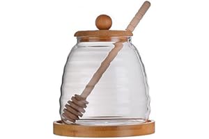 16.9 Oz (500ml) Glass Honey Jar with Bamboo Lid and Dipper Airtight Syrup Dispenser Container Honey Pot for Jam Maple Syrup H