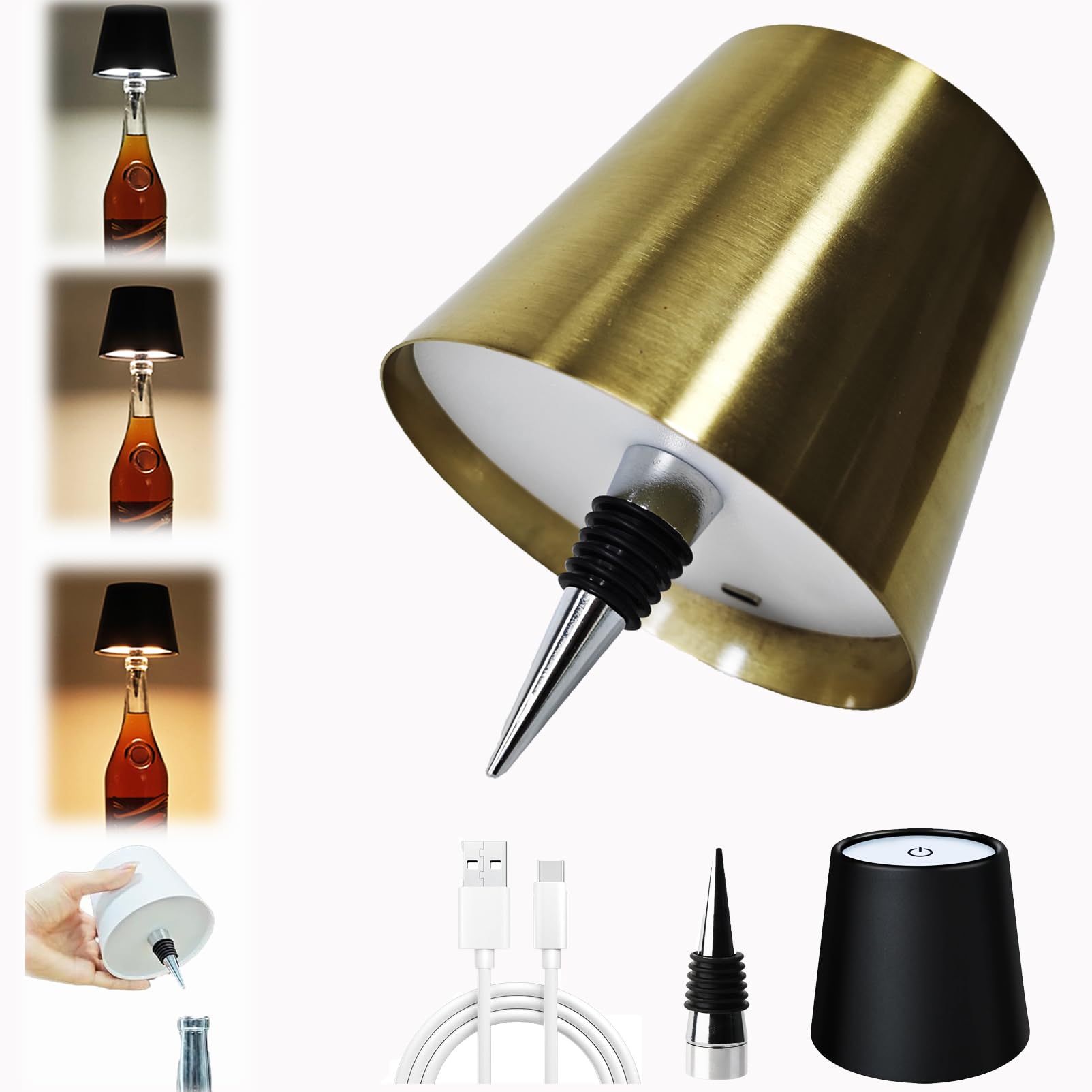 Neioaas Wireless Bottle Lamp,2025 New 3 Color Stepless Dimming Wireless Wine Bottle Lamp, USB Rechargeable Touch LED Wine Bottle Lights for Home,Bar,Camping,Travel (Gold, 1PC) — image 1