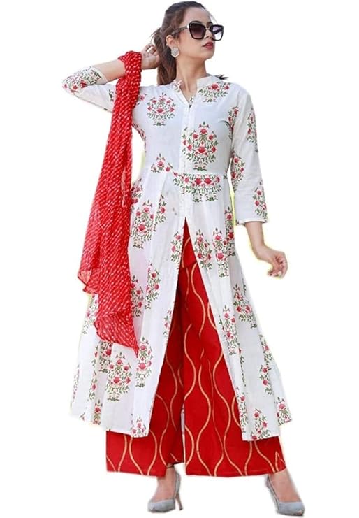 Woman's Ankle lenth Printed kurti with plazzo and Dupatta set