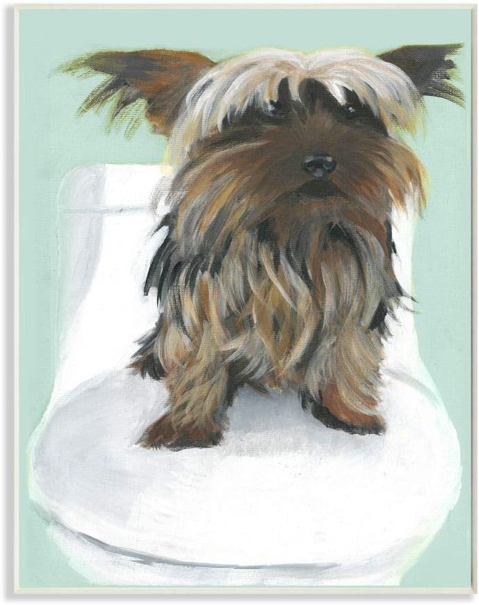 Paintings - Stupell Home Décor Yorkie In The Bathroom Illustration Wall Plaque Art, 10 x 0.5 x 15, Proudly Made in USA