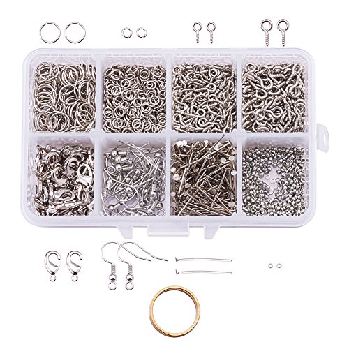 Pandahall Elite 1631 Pieces Jewelry Making Kit with Jump Rings, Screw Eye Pin Bail Peg, Headpins, Lobster Claw Clasps, Earring Hooks, Crimp Beads and Assistant Ring, Platinum Color
