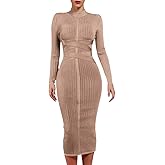 whoinshop Women's Cross Strap Ribbed Bandage Long Sleeve Midi Fall Winter Bodycon Party Dress