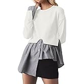 Navonta Womens Slit Crew Neck Patchwork Sweater 2 in 1 Asymmetrical Hem Pullover Knit Sweater Button Down Contrast Shirt Tops