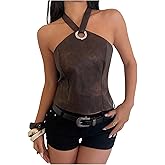 WDIRARA Women's Faux Leather Halter Top Sleeveless Tie Backless Tank Tops Rave Night Clubwear