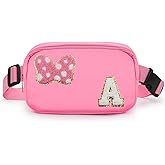 Chenille Initial Letter Bow Mouse Fanny Pack, Waterproof Park Crossbody Bag Christmas Birthday Gifts for Teen Girls Daughter Women Kids Adults, Cute Belt Bag Must Haves for Park Travel (A, Pink)
