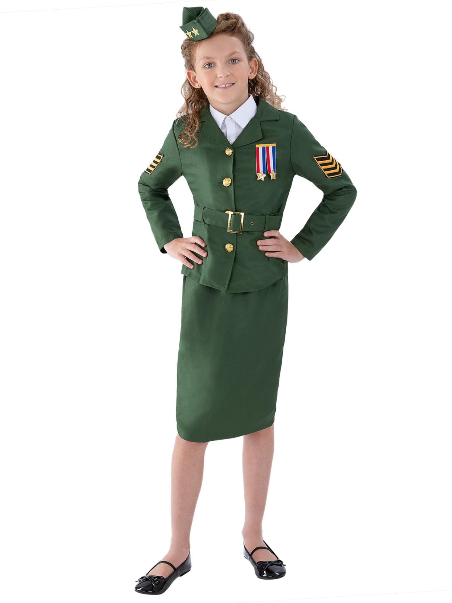 Smiffys WW2 Army Girl Costume Jacket, Skirt, Attached Belt & Hat, Fancy Dress, Child Dress Up Costumes