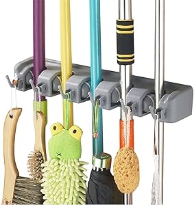 Esup Mop and Broom Holder, Broom Organizer Wall Mounted for Your Closet with Limited Space Holds Mops,Brooms,Dustpan,Shovel (5 Ball Slots and 6 Hooks)