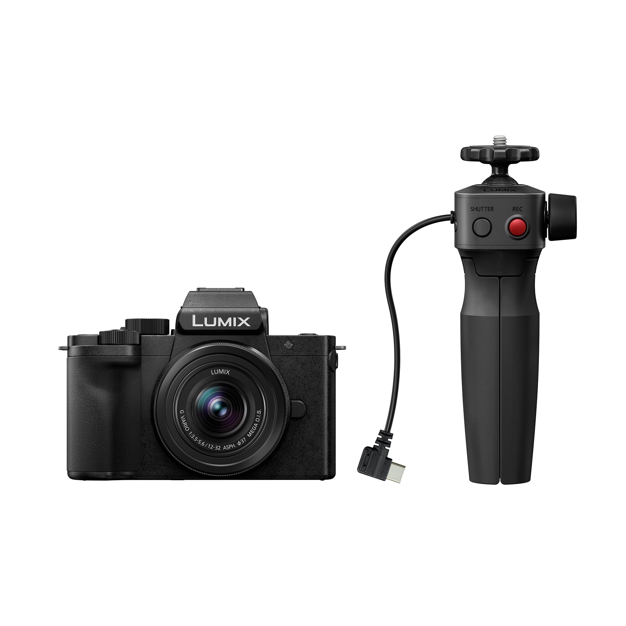 Panasonic Lumix DC-G100DVEGK Micro Four Thirds spiegellose Kamera mit Lumix G Vario 12-32 mm F3.5-5.6 Objektiv & DMW-SHGR2 Stativgriff, 20,3 MP, 4K 30p/FHD 60 Video, Vlog-Cam, USB-C-Ladung, Schwarz