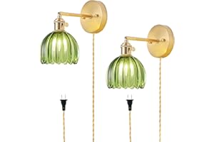 LINSEEDS Plug in Wall Sconces Set of 2, Vintage Wall Sconce Light with Tulip Green Glass Lampshade, Bedroom Wall Sconce with Switch and Plug in Wall lamp Cord, Gold Wall Light Wall Decor Set of 2