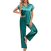 Ekouaer Womens Satin Pajamas Set Silky Two-piece Short Sleeve and Long Pants Sleepwear Button-Down Pj Sets With Pockets