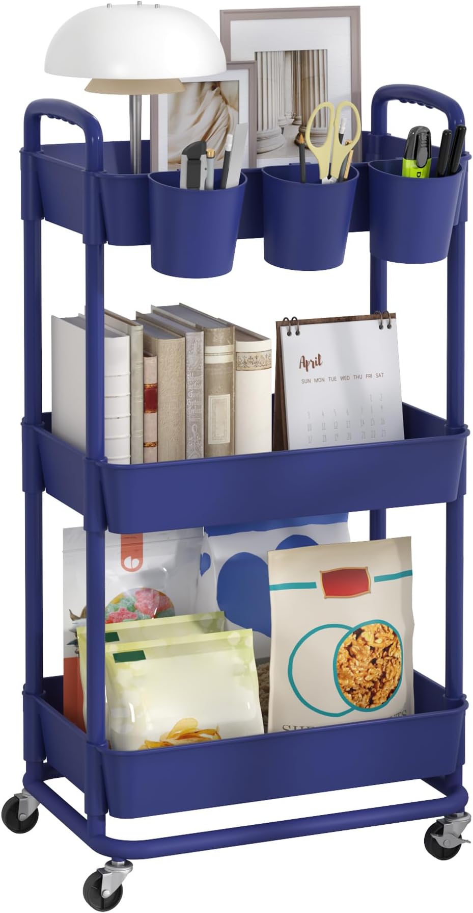 JIUYOTREE 3-Tier Rolling Storage Cart with Lockable Wheels Blue