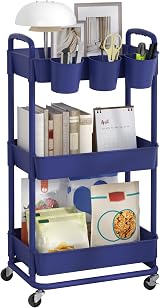 JIUYOTREE 3-Tier Rolling Storage Cart with Lockable Wheels Blue
