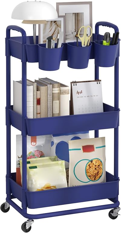 JIUYOTREE 3-Tier Rolling Storage Cart with Lockable Wheels Blue