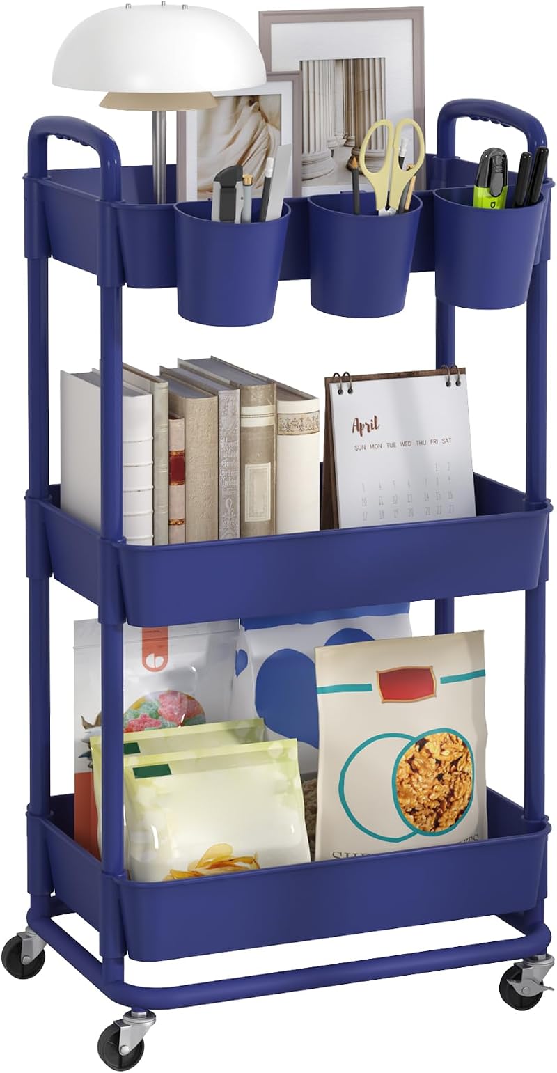 JIUYOTREE 3-Tier Rolling Storage Cart with Lockable Wheels Blue