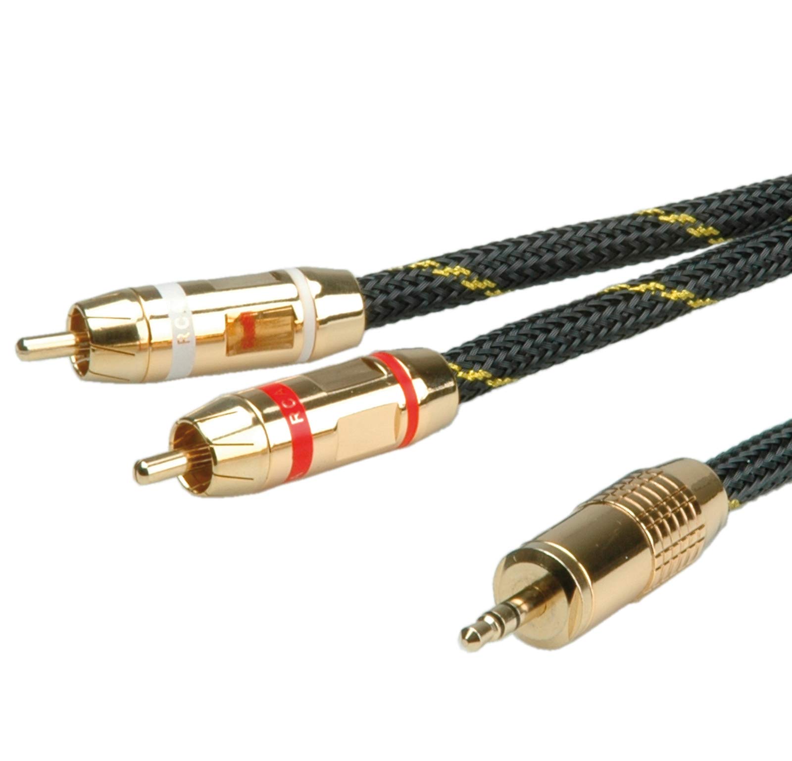 ROLINE GOLD AUX cable | 3.5 mm stereo 2 x RCA connectors | Audio cable | Nylon sheath black 10 m