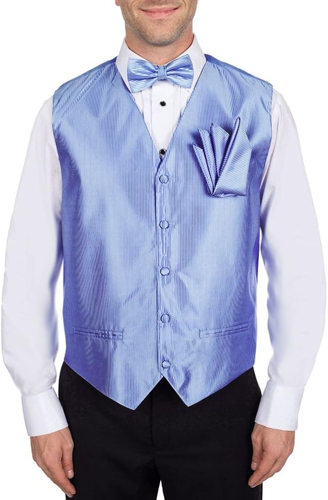 Baby Blue Tuxedo Vest with Bow Tie and Pocket Square Set at Amazon Men