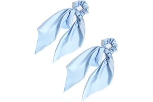 LFOUVRE Pack of 2 Knotted Bow Hair Scrunchies Elastic Hair Scarf Black Hair Ties Bands Satin Hair Ribbon Scrunchy Red Ponytail Holder for Women and Girls (Light blue)