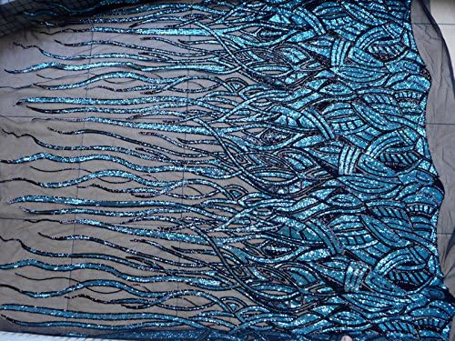 15 Yards 51'' Blue with Black Sequins on Black Mesh Embroidered Lace Fabric for Dress Lace Fabrics