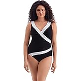 Longitude by Mimi Flamingo Women's Swimwear Texture Luxe Side Shirred Surplice One Piece Swimsuit, Black/White, 16