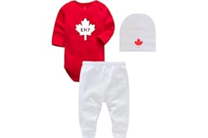 3-Piece Eh Canada Baby Set, Custom Handmade Baby Canada Maple Leaf Bodysuit, EH (6M, Long Sleeve, Red)