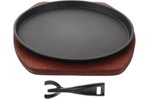 BIUDECO Cast Iron Steak Pan with Wooden Tray Round Griddle Plate Nonstick Sizzling BBQ Grill Skillet for