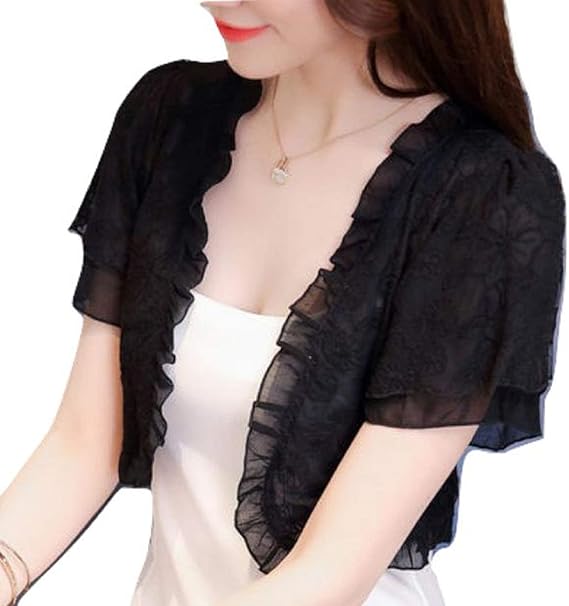 Amazon ワイルドマグノリア レディース トップス 半袖 シフォン 結婚式 ボレロ 2重 フリル ラッフルスリーブ お呼ばれ フラワー ブラック S サイズ 09 ブラック S カーディガン ボレロ 通販