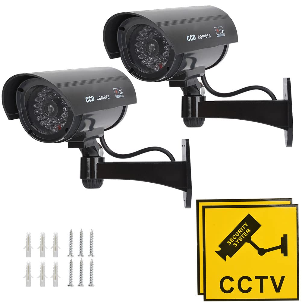 TIMESETL 2Pack Dummy Camera Waterproof Bullet Shape Black Fake Security Camera with Red Flashing LED + Yellow CCTV Signs, Wireless Wall Mount Plugs + Screws